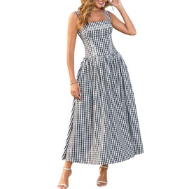 XinFSh Women's Summer Gingham Midi Dress Square Neck Flowy A Line Lace Corset Dresses Garden Patry Sundress with Pockets Black