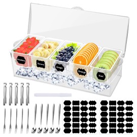 DARCKLE 5 Compartment Condiment Server, Ice Chilled Condiment Containers with Hinged Lid Chilled Caddy with 5 Removable Dishes and 15 Pieces Stainless Steel Serving Tongs Serving Spoons Fruit Forks