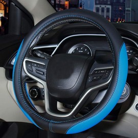 SHIAWASENA Auto Car Steering Wheel Cover, Universal 15 Inch Fit, Microfiber Leather, Non-Slip, Breathable (Black&Blue)