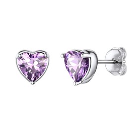ChicSilver June Birthstone Stud Earrings Purple Alexandrite Cubic Zirconia Heart Earring Studs Hypoallergenic 925 Sterling Silver Earrings for Sensitive Ears