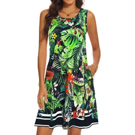 Summer Dresses for Women 2025 Casual Sundresses Beach Cover Ups Sleeveless Tshirt Swing Dress with Pockets Large Boho Green Leaf