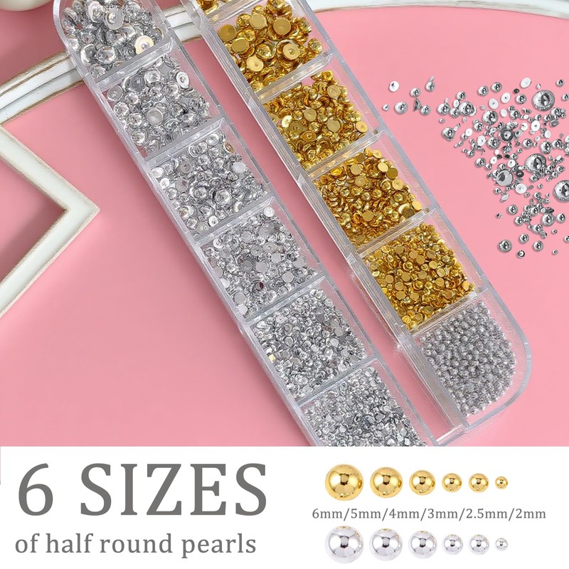 GZMAYUEN 3D Flatback Beads Silver and Gold, 3D Half Beads