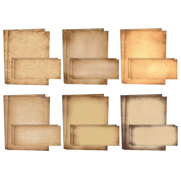 Aged Paper Stationery, 100 Piece Set (50 Sheets + 50 Matching Envelopes), Vintage Antique Old Fashion Parchment Paper, Letter Size 8.5 x 11", 6 Designs, Double Sided Paper, by Better Office Products