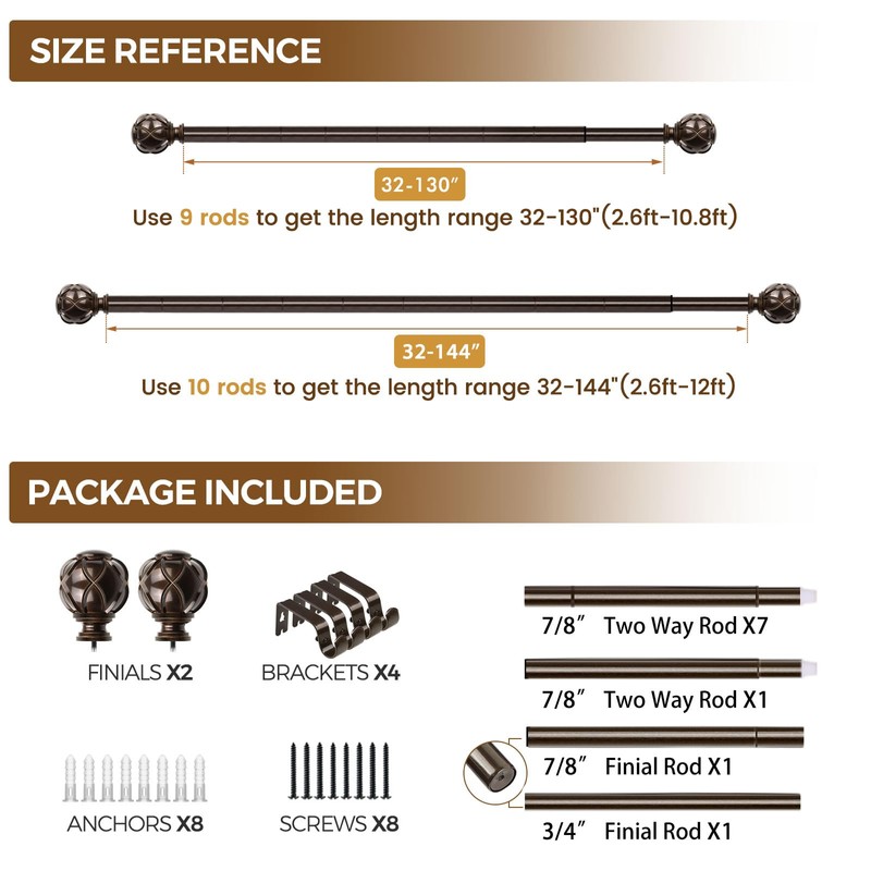 KAMANINA Curtain Rods for Windows 72 to 144 Inches (6-12ft)