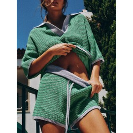 Tankaneo Womens Sweater Set 2 Piece Outfits Oversized 3/4 Sleeve V Neck Knit Tops High Waisted Shorts Lounge Sets