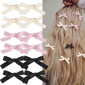 Bmobuo Hair Bows for Women Small Ribbon for Hair Small Hair Ribbons 12Pcs Pink Black White Hair Ribbons for Women Girls Silk Mini Hair Bows Cute Accessories Coquette Accessories