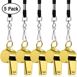 5 Packs Stainless Steel Whistle, FineGood Loud Metal Whistle with Lanyard for Referees Coaches Lifeguards Survival Emergency Football Basketball Soccer Hockey - Gold