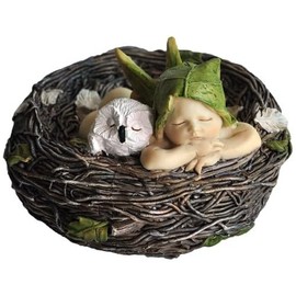 Top Collection 4202 Sleeping Fairy Baby with Owl in Nest Figurines, White, Brown, Cream, Green