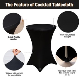 Fixwal Cocktail Table Covers, 2 Pack 32x43 Black Round Table Cover, Spandex Stretch Table Cloth for Party, Wedding, Birthday