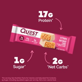 Quest Nutrition Crispy Birthday Cake Protein Bar, 17g Protein, 1g Sugar, 2g Net Carbs, Gluten Free Protein Snack, Keto Friendly, 12 Count