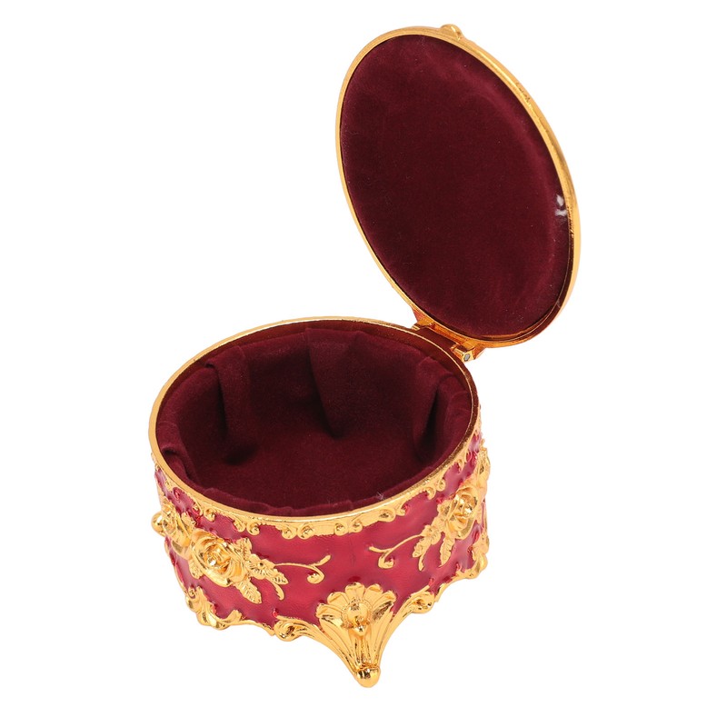 Vintage Metal Jewelry Box Round Exquisite Hand Carved Gold Flower