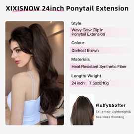 XIXISNOW 24'' Claw Clip Ponytail Extension for Women Clip On Synthetic Hair with Fluffy Layered Waves Heat Resistant Hairpiece Faux Pony Tails Hair Extensions Party Daily Use(Dark Brown,7.5OZ)