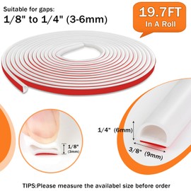 19.7FT Silicone Weather Stripping D Shaped Self Adhesive Door Seal Strip for Frame/Window (White, 3/8" W 1/4" T)