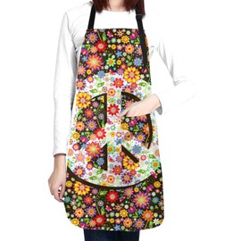 Abucaky Hippie Peace Sign Waterproof Apron For Adults Colorful Flowers Chef Bib With Roomy Pockets For Kitchen Bbq Crafting Drawing