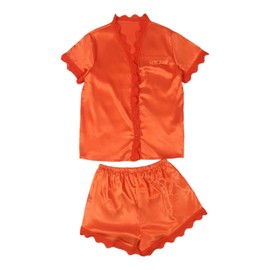 Celucke Women Satin Pajama Set, Lace Trim Sleepwear Short Sleeve Top Shorts Comfortable Summer Nightwear Soft Home Outfit, Satin Pyjamas For Women, Pj Shorts Set, Ladies Comfort Lounge Wear Orange