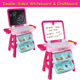 ROXIE Stranding Art Easel for Kids with Extra Letters and Numbers Double Sided Magnetic Chalkboard Whiteboard Drawing Easel for Girls Boys, Pink