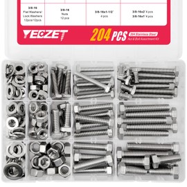 204PCS Heavy Duty Hex Bolts and Nuts Assortment Kit, 304 Stainless Steel, Includes 10 Most Common Sizes (1/4-20, 5/16-18, 3/8-16)