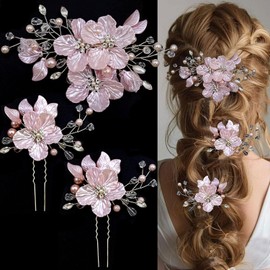 VelvetGlow 3 Pcs Large Flower Bridal Wedding Hair Pins Crystal Pearl Hair Clips Headpiece Bride Hair Accessories Jewelry with Rhinestone, Glitter Emboss Pink Flower