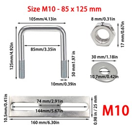 duoyif U-Screws M10 85 mm x 125 mm U-Bolt Square Stainless Steel with Nut Frame Plate Washer U Bolt M10 for Pipe Attachment Car Ships Towing 1 Piece (M10 85 x 125 mm)