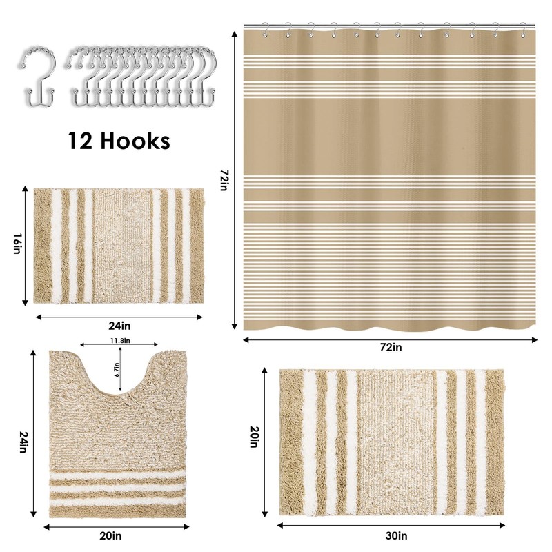 Britimes Beige Stripes Bathroom Sets with Shower Curtain and Rugs,