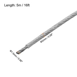 QUARKZMAN 16 ft (5 m) Wire Rope 304 Stainless Steel Cable 1/12 Inch (2 mm) Vinyl Coated with 2 Aluminium Sleeves for Hanging, Washing Lines, Lifting, Transparent