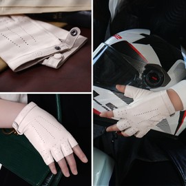 GSG Fingerless Leather Gloves Women's Genuine Leather Unlined Half Finger Driving Gloves Made of Sheepskin W200103, White (white 2)