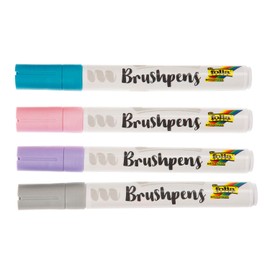 folia 1729 Brush Pens, Set of 4 Pastel Brush Pens with Flexible Tip, Line Width Approx. 1 - 7 mm, Water-based, in the Colours Pink, Pastel Blue, Lilac and Grey