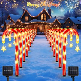 Lewondr 15" Solar Christmas Candy Cane Lights Outdoor, Pathway Stake Lights with 2 Modes, 216 LED Beads, Waterproof Outside Xmas Decorations with Star Decor Lights for Yard Garden Holiday, 24 Pack