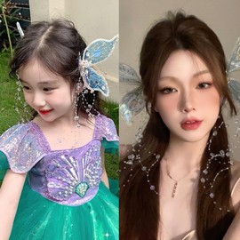 Butterfly Hair Clips Elf Fairy Hair Clips with Long Tassels, Large Butterfly Wings Hair Barrettes Unique Hair Accessories (Blue)