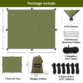 Hammock Rain Fly Tent Tarp Provides Effective Protection Against Rain, Snow. 32ft Long Ridgeline. Big 9.8x9.5ft Durable, Waterproof 210D Oxford. 6 Reflective Guy Lines, 2 Stuff Sacks. Easy Assembly