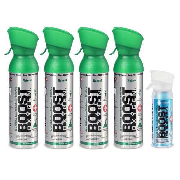 Boost Oxygen 5 Liter Canned Oxygen Bottle with Mouthpiece, Natural (4 Pack) and 3 Liter Pocket Sized Canned Oxygen with Mouthpiece, Peppermint