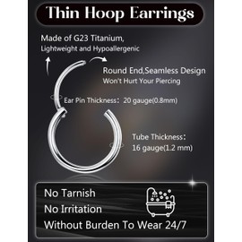 Milacolato G23 Titanium Hoop Earrings for Women Men Hypoallergenic Hinged Huggie Hoop Earrings Cartilage Helix Sleeper Lightweight Small Hoop Earring Silver, 8mm
