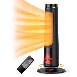 Space Heater with Thermostat, Oscillating Ceramic Tower Heater for Large Room, Timer and Remote Control, 1500W Fast Heating, 3D Realistic Flame, Overheat Protection, Digital Display, 31 Inches