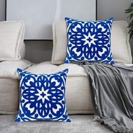 Alysheer Floral Embroidered Fall Decorative Throw Pillow Cover 18"x 18" Set of 2, Boho Mandala Embroidery Royal Blue Patterned Cushion Case for Sofa Couch Living Room Bedroom Outdoor