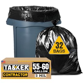 Tasker Contractor Garbage Bags 55 Gallon Heavy Duty 3 Mil (32 Count w/Ties) 60 Gal Contractor Bags 3 Mil. 55 Gallon Heavy Duty X-Large Black Trash Bags 50 Gal,