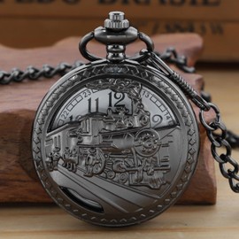 Black Hollow Right Locomotive Quartz Men's Pocket Watch, Arabic Numeral White Dial Pocket Watch with Chain