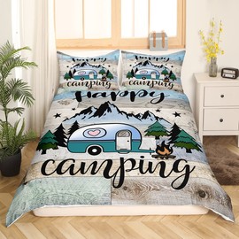 Kids Camping Bedding Set Queen Size Happy Camping Comforter Cover for Boys Girls Western Rustic Farmhouse Style Duvet Cover Vintage Old Barn Door Print Bedding Camper Decor Bedspread 3 Pcs