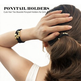 Black Hair Tie Bracelets for Women, Elastic No Damage Ponytail Holders with Decorative Metal Beads Stylish Wrist Pony Tail Ties for Thick & Thin Hair Cute Fashion Accessories & Gifts for Girls Teens