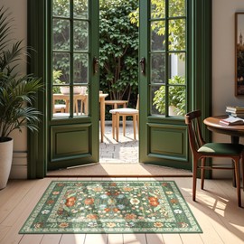 2x3 Entryway Rug Green Small Floral Rug - Deerly Vintage Boho Bathroom Door Mat Washable Non-Slip Soft Low Pile Thin Indoor Carpet Home Decor for Kicthen Entrance Farmhouse Throw Rug, Green/Multi