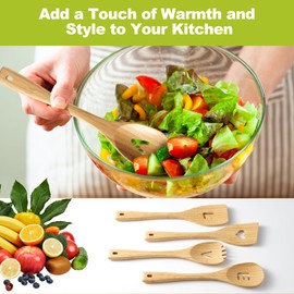 Wooden Cooking Utensil Set, Cute Spatula Set, Funny Bamboo Kitchenware, Unique Mother's Day Gifts for Cooks Hostesses Mom Grandma Wife Weddings House Warming Kitchen Accessories (A002)