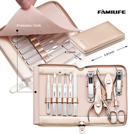 FAMILIFE Gifts for Women, Manicure Set Professional Manicure Kit 11 in 1 Nail Kit Manicure and Pedicure Set Nail Clippers Nail Care Tools Stainless Steel Nails with Rose Gold Leather Case Travel Set