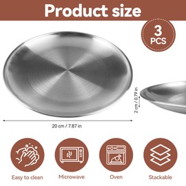 Pack of 3 Stainless Steel Plates, 20 cm Camping Plates, Stainless Steel Silver Round Stainless Steel Plates, Robust, Non-Toxic, Dishwasher Safe Stainless Steel Tableware, Ideal for Restaurants
