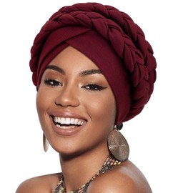 DRESHOW African Women's Turban Double Braid Headwear Headwear Chemo Cap Pre-Tied Beanie Hat Head Wrap Sleep Hat, 1 x double twisted braid hat: burgundy