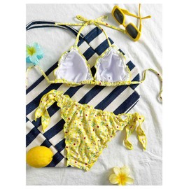 BEAUDRM - Conjunto de bikini de 2 piezas para mujer, estampado floral, con volantes, corbata, sin espalda, traje de baño, Amarillo, X-Small