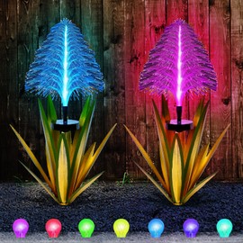 Metal Outdoor Decoration Gift Christmas Decorations Outdoor Metal Agave Yard Art Garden Lights Solar Outdoor, 7 Color Changing Garden Yard Pathway Xmas Decor Waterproof(2 pcs Light Green)