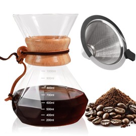 Pour Over Coffee Maker 1000ml with 304 Stainless Steel Filter and Wooden Collar Holder Borosilicate Glass Drip Coffeemaker Server Set Clear Hand Brew Dripper Carafe for Home Camping Travel 33.8oz