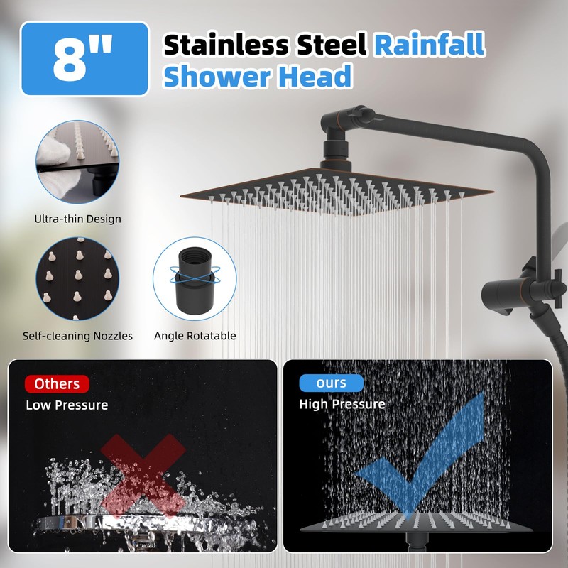 All Metal Shower Head, 8" High Pressure Rainfall/Handheld Shower Combo
