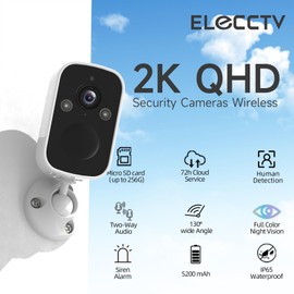 ELECCTV Security Cameras Wireless Outdoor,2K QHD Battery Powered AI Motion Detection Spotlight Siren Alarm WiFi Surveillance Indoor Home Camera, Color Night Vision, 2-Way Talk, w/Alexa