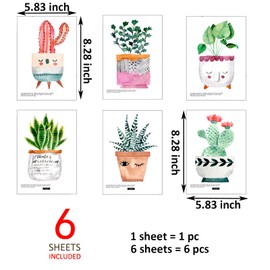 Maydahui 6 Sheets Cartoon Succulent Plant Wall Decals Cactus Wall Stickers Retro Lovely Green Potted Plants Wall Decor Peel Stick for Livingroom Kids Room Nursery Bedroom Decor
