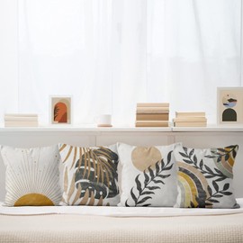 ASDCXZ Boho Cushion Cover 40 x 40 cm Set of 4 Modern Abstract Art Leaves Sun Beige Sofa Cushion Cover Decorative Cushion Covers Washable Polyester Flax Textile Outdoor Pillowcase